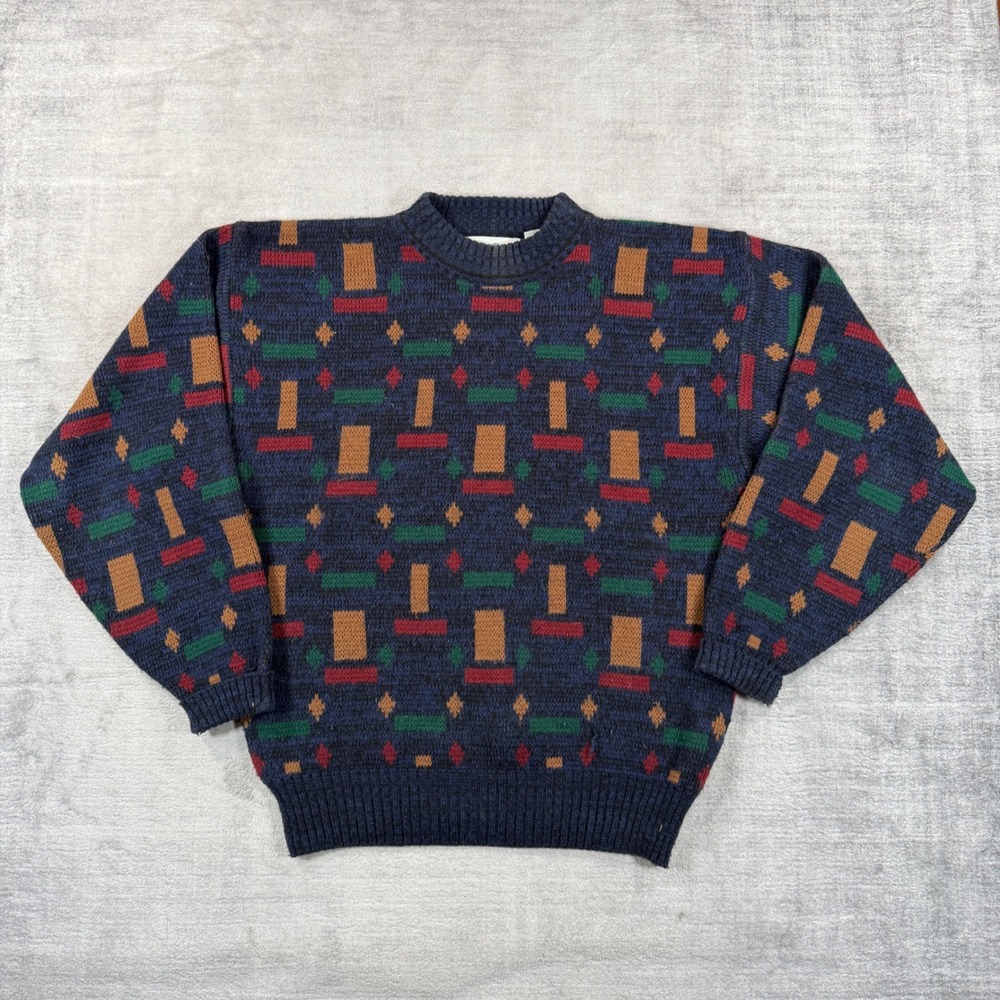 Hunt Club Sweater Mens Medium Navy Blue Vintage 90s Geometric Wool Blend Grandpa